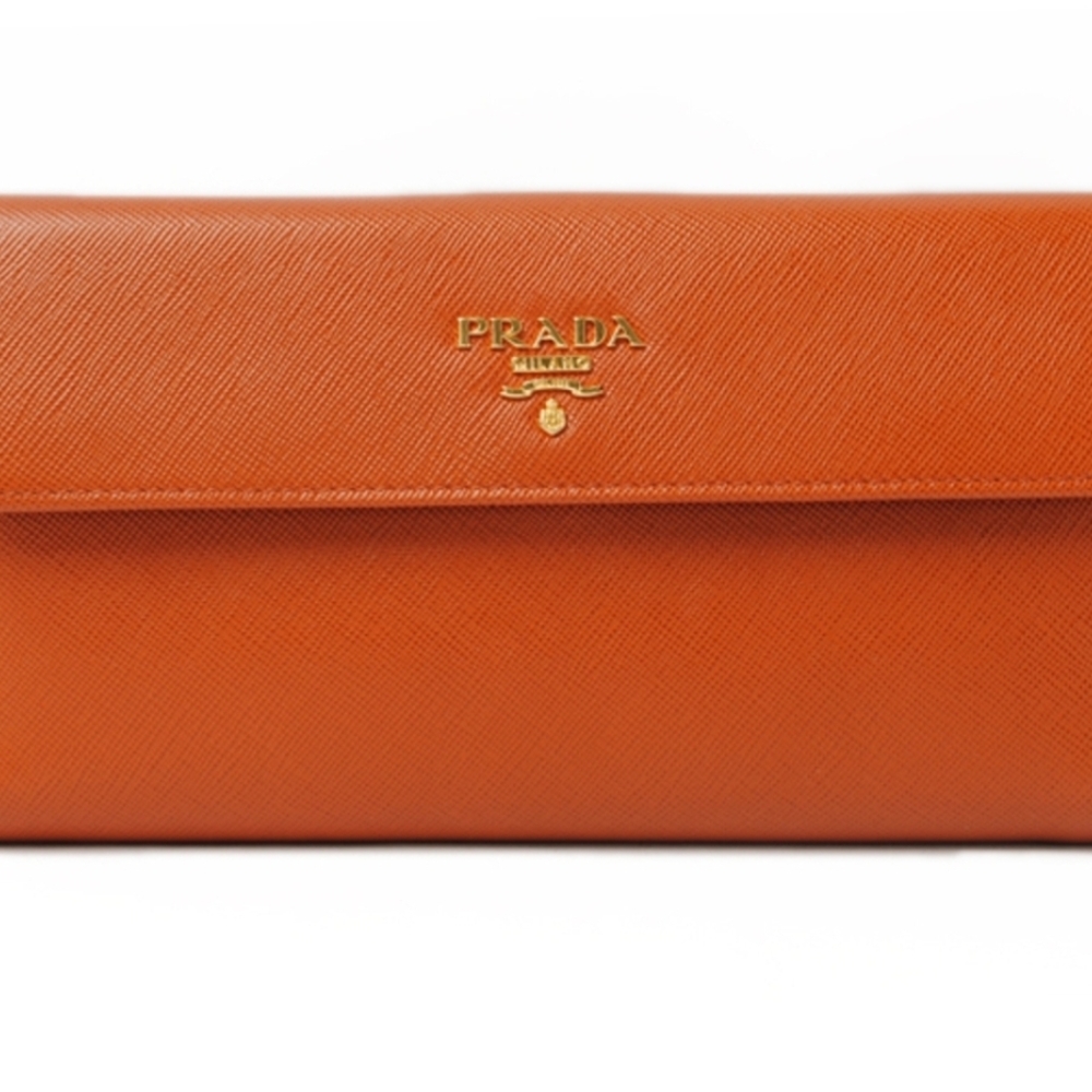 Prada Saffiano Leather Long Wallet – Orange – 100% Authentic -COA